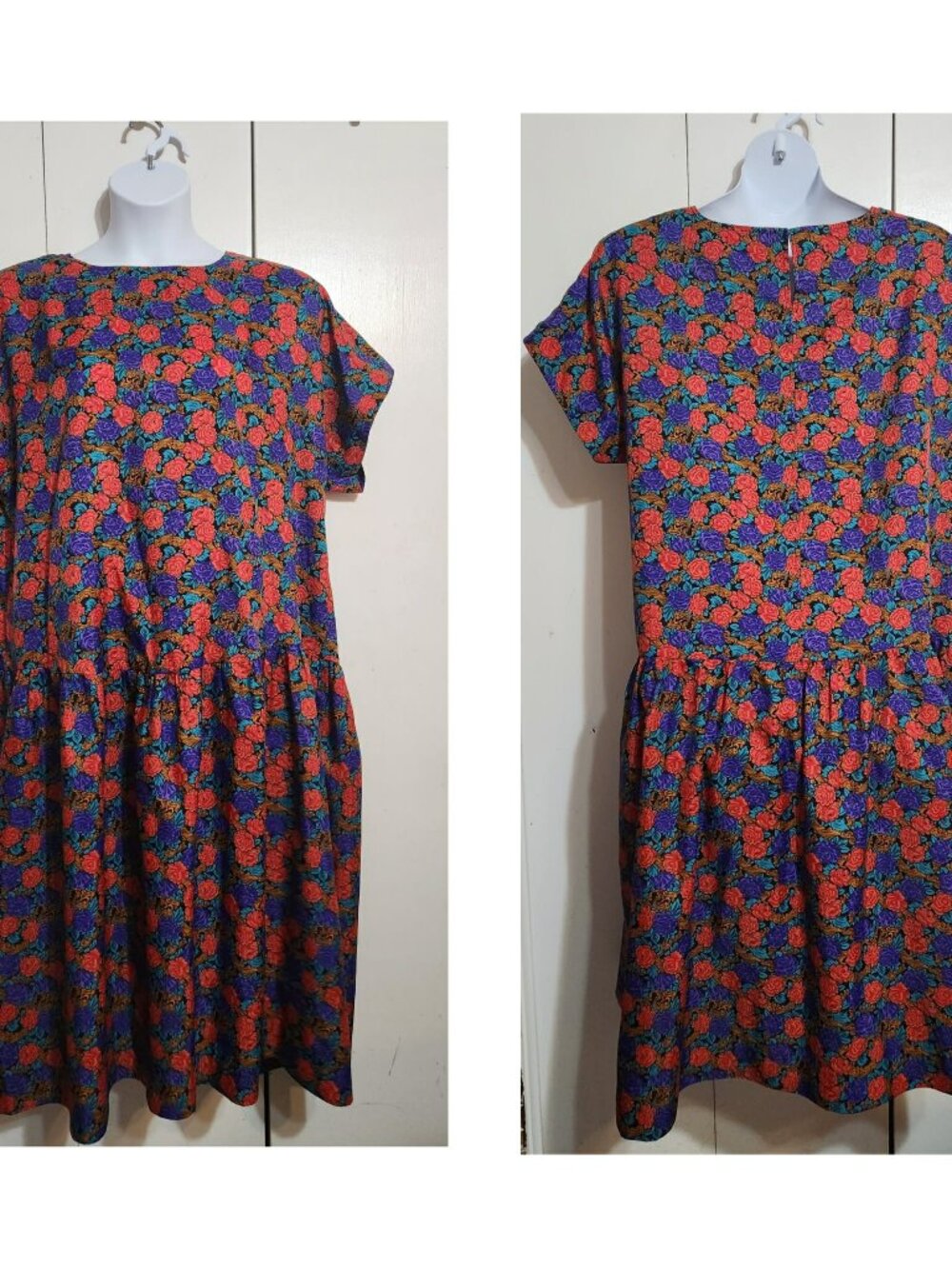 Vtg Handmade 80s 90s Floral Drop Waist Dress Plus Size 3X Cottagecore Rose Print